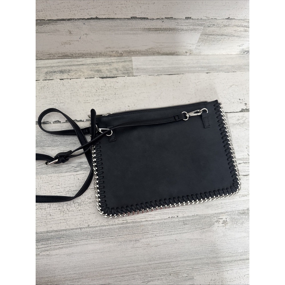Black Soft Leather & Silver Chain Edge Clutch Wristlet Crossbody Retroβ